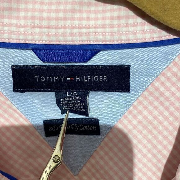Tommy Hilfiger Men's Button-up Plaid 80's 2-Ply Cotton Dress Shirt Pink & White - Picture 10 of 12